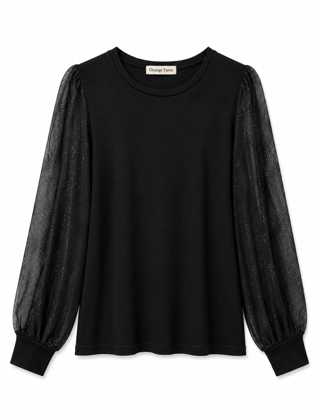 Black Long-Sleeve Top with Sheer Shimmer Sleeves